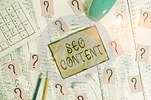 Conceptual hand writing showing Seo Content. Business photo showcasing creating content that helps web pages to rank