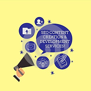 Conceptual hand writing showing Seo Content Creation And Development Services. Business photo showcasing Search engine
