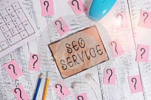 Conceptual hand writing showing Seo Service. Business photo showcasing suite of techniques and procedures to surge