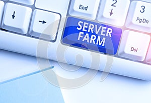 Conceptual hand writing showing Server Farm. Business photo text a group of computers acting as servers and housed