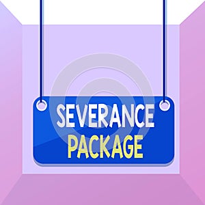 Conceptual hand writing showing Severance Package. Business photo showcasing pay and benefits employees receive when