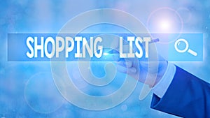 Conceptual hand writing showing Shopping List. Business photo text a list of items to be considered or purchases to be made