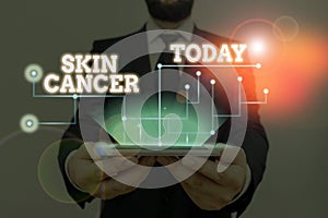 Conceptual hand writing showing Skin Cancer. Business photo text uncontrolled growth of abnormal skin cells due to sun