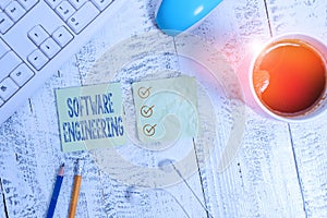 Conceptual hand writing showing Software Engineering. Business photo text apply engineering to the development of