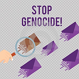 Conceptual hand writing showing Stop Genocide. Business photo showcasing to put an end on the killings and atrocities of photo