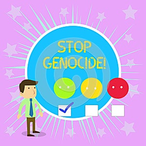 Conceptual hand writing showing Stop Genocide. Business photo text to put an end on the killings and atrocities of