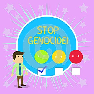 Conceptual hand writing showing Stop Genocide. Business photo text to put an end on the killings and atrocities of photo