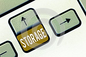 Conceptual hand writing showing Storage. Business photo showcasing Action of storage something for future use Keep
