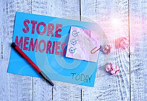 Conceptual hand writing showing Store Memories. Business photo showcasing the ability of the mind to store and recall past