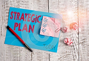 Conceptual hand writing showing Strategic Plan. Business photo showcasing analysisagement activity that is used to set and focus photo