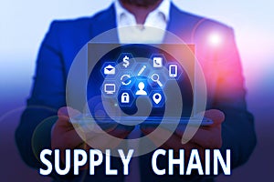 Conceptual hand writing showing Supply Chain. Business photo text System of organization and processes from supplier to photo