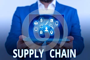 Conceptual hand writing showing Supply Chain. Business photo text System of organization and processes from supplier to