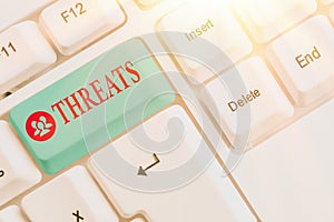 Conceptual hand writing showing Threats. Business photo showcasing Statement of an intention to inflict pain hostile action on