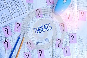 Conceptual hand writing showing Threats. Business photo text Statement of an intention to inflict pain hostile action on someone