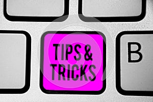 Conceptual hand writing showing Tips and Tricks. Business photo text Steps Lifehacks Handy advice Recommendations Skills Keyboard photo