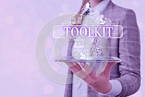 Conceptual hand writing showing Toolkit. Business photo text set of tools kept in a bag or box and used for a particular