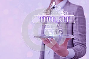 Conceptual hand writing showing Toolkit. Business photo text set of tools kept in a bag or box and used for a particular photo