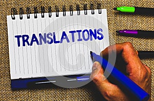 Conceptual hand writing showing Translations. Business photo showcasing Written or printed process of translating words text voice