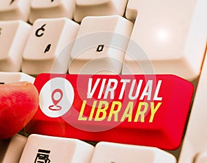 Conceptual hand writing showing Virtual Library. Business photo showcasing collection of resources available on computer systems