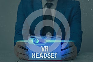 Conceptual hand writing showing Vr Headset. Business photo showcasing headmounted device that provides virtual reality for the