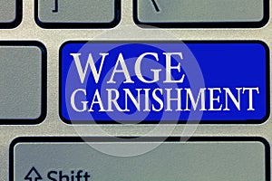 Conceptual hand writing showing Wage Garnishment. Business photo showcasing Deducting money from compensation ordered by