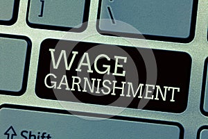 Conceptual hand writing showing Wage Garnishment. Business photo text Deducting money from compensation ordered by the photo