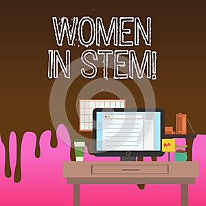 Conceptual hand writing showing Women In Stem. Business photo showcasing Science Technology Engineering Mathematics