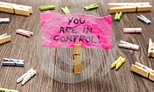 Conceptual hand writing showing You Are In Control. Business photo showcasing Responsibility over a situation Management authority