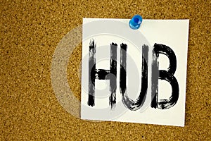 Conceptual hand writing text caption inspiration showing HUB. Business concept for HUB Advertisement written on sticky note, remin