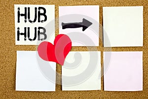 Conceptual hand writing text caption inspiration showing HUB concept for HUB Advertisement and Love written on wooden background,