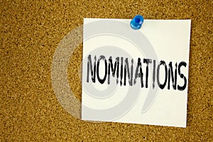 Conceptual hand writing text caption inspiration showing Nominations. Business concept for Election Nominate Nomination written o photo