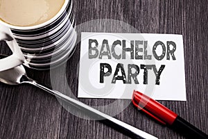 Conceptual hand writing text caption showing Bachelor Party. Business concept for Stag Fun Celebrate written on sticky note paper photo