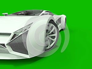 Conceptual high-speed white sports car. Green uniform background. Glare and softer shadows. 3d rendering.