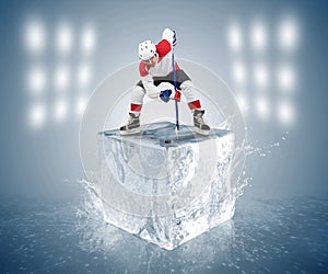 Conceptual Hockey game picture. Face-off player on the ice cube