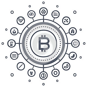 Conceptual illustration of the Bitcoin cryptocurrency ecosystem and blockchain technology network