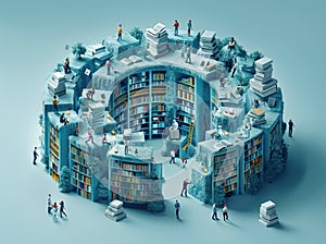 Conceptual illustration of a bookshelf filled with office supplies books plants and tiny people performing various work and
