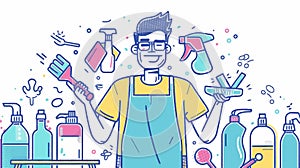 Conceptual illustration of a cleaning and household chores doodle. Man in apron, glasses, and rubber gloves holding