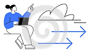 Conceptual Illustration of Cloud Computing and Data Transfer with Person Using a Laptop