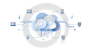 Cloud Computing Connection Devices Linked to Central Cloud Data Storage and Servers