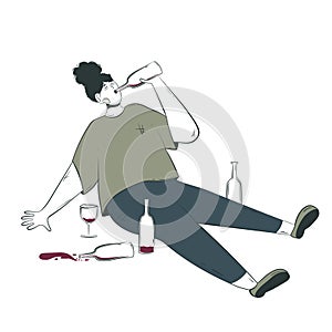 Conceptual illustration of the consequences of alcoholism with a depressed character with alcohol addiction drinking on the floor