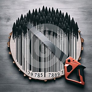 Conceptual illustration of exploiting trees and forest for material gain with barcode and trees