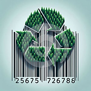 Conceptual illustration of exploiting trees and forest for material gain with barcode and trees