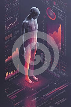 Futuristic digital visualization of human data with analytics and interfaces