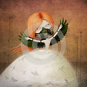 Conceptual illustration of girl with wings and birds photo