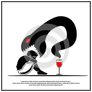 Conceptual illustration of little boy, snake and wine glass. Dangers of drinking alcohol for children. photo