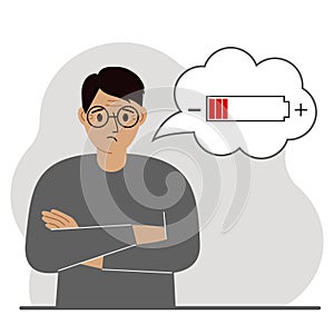 Conceptual illustration of low battery. Sad man thinks about charging.