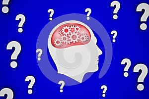 Conceptual illustration, man intensely thinking over the question, blue background