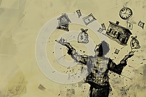 Conceptual Illustration of Man with Symbols of Wealth and Time - A Commentary on Materialism and Aspirations