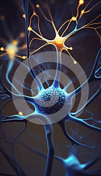 Conceptual illustration of neuron cells with glowing link knots in abstract dark space, high resolution 3D illustration,