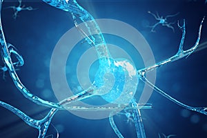 Conceptual illustration of neuron cells with glowing link knots. Synapse and Neuron cells sending electrical chemical